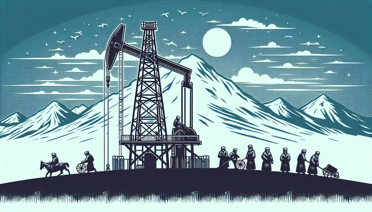 Иллюстрация нефтяной вышки на фоне горной местности