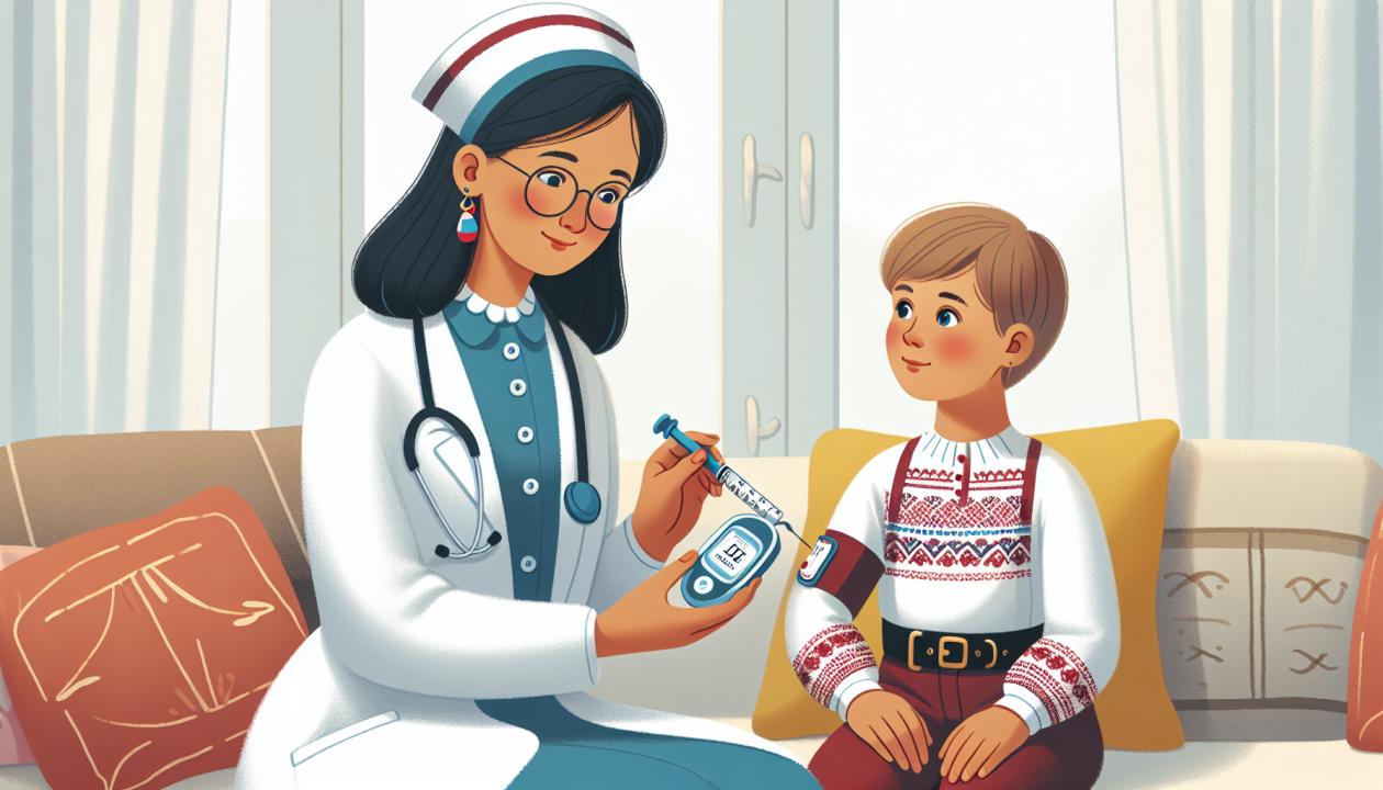 Иллюстрация, изображающая медсестру, оказывающую уход за молодым пациентом с сахарным диабетом 1-го типа. На картине показано обучение пациента правильному применению инсулина и контролю уровня сахара в крови в комфортной обстановке.
