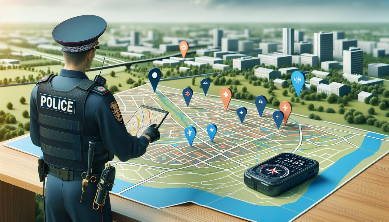 Изображение полицейского, использующего карту и GPS-устройство на фоне городской местности, с отметками ключевых объектов, таких как полицейские участки и больницы.