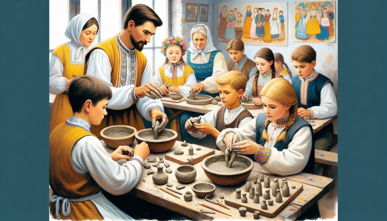 Изображение группы детей, занимающихся лепкой под руководством педагога.