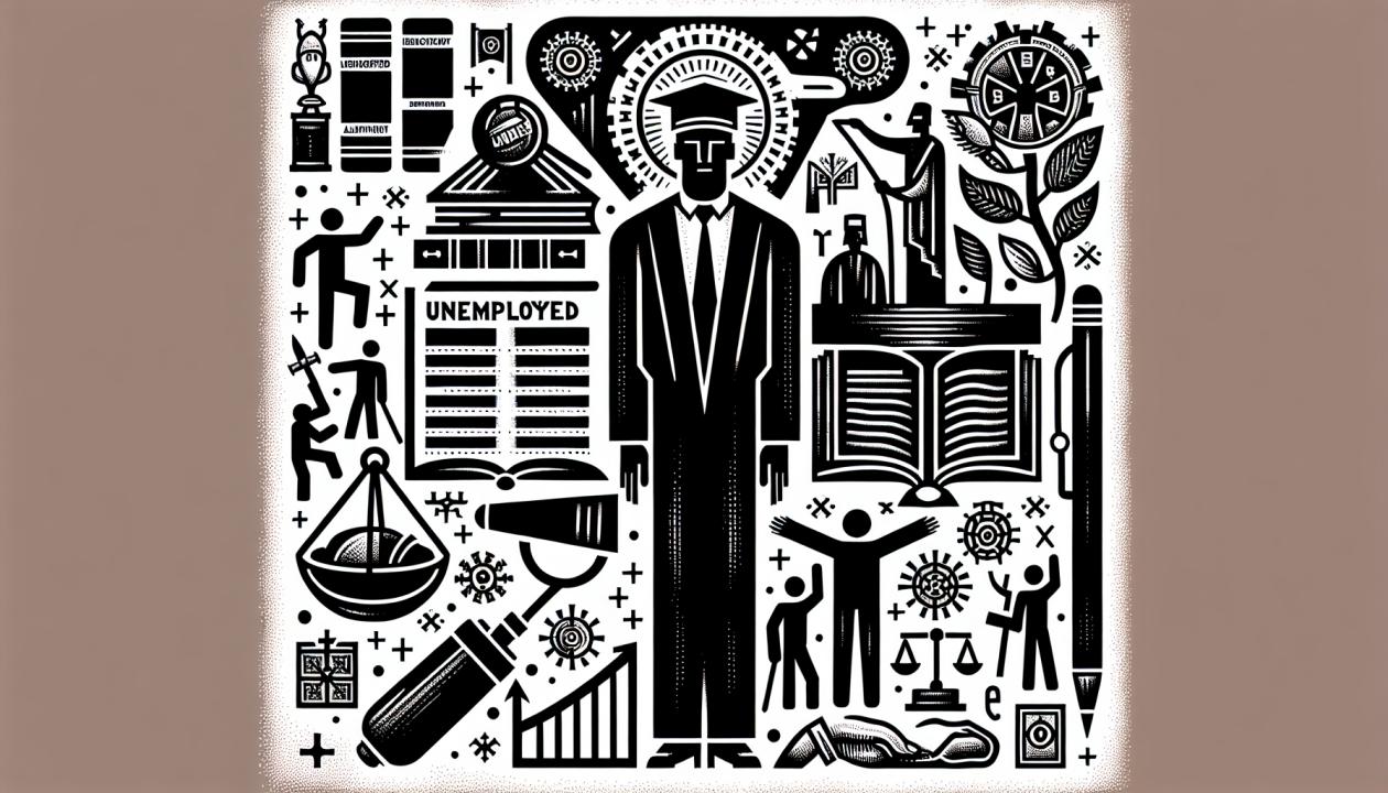 Иллюстрация, изображающая символические фигуры человека безработного, окруженного элементами законодательства, таких как книги с законами и символы соцзащиты.