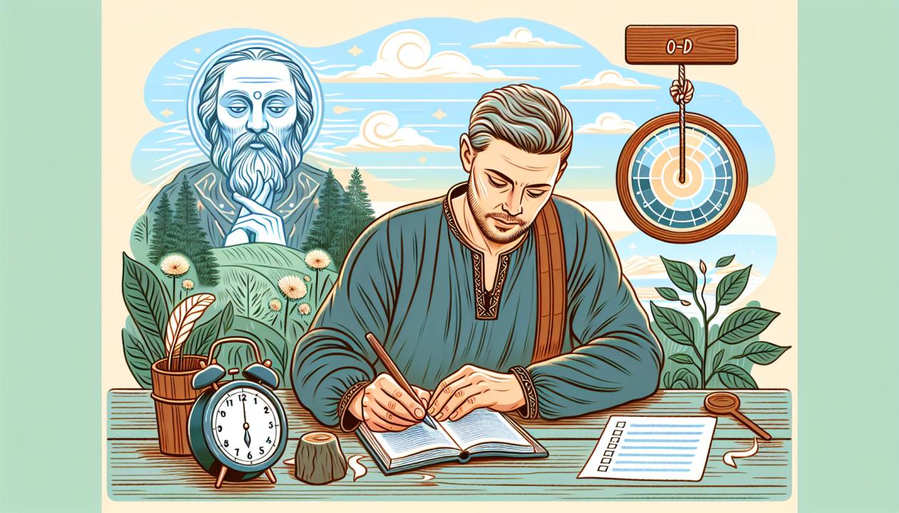 Изображение, иллюстрирующее управление вниманием: человек, сидящий за столом, сосредоточенно работая над задачей, с таймером (метод помидора) и списком дел рядом, на фоне спокойной обстановки, с элементами природы для ощущения внутреннего спокойствия.