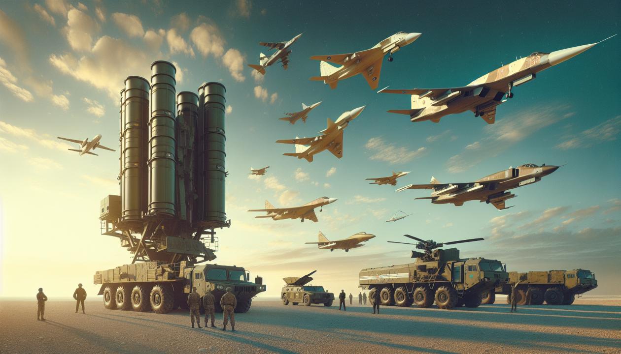 Изображение зенитного ракетного комплекса SIPER на фоне военной базы, с современными военными самолетами и вертолетами над ним, в ясный день с легкими облаками на фоне.