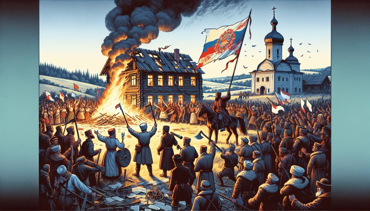 Изображение исторической сцены восстания, где крестьяне и казаки объединяются под флагом, в разоренной деревне на фоне горящих зданий. В центре - Степан Разин, вдохновляющий людей, вокруг него толпа с плакатами и сельские пейзажи.