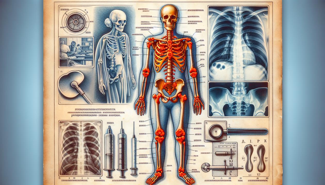 Изображение, иллюстрирующее туберкулез костей: скелет с выделенными участками поражения, такими как позвоночник и бедренные кости. Фон - медицинские инструменты и рентгенограммы, демонстрирующие пораженные участки.