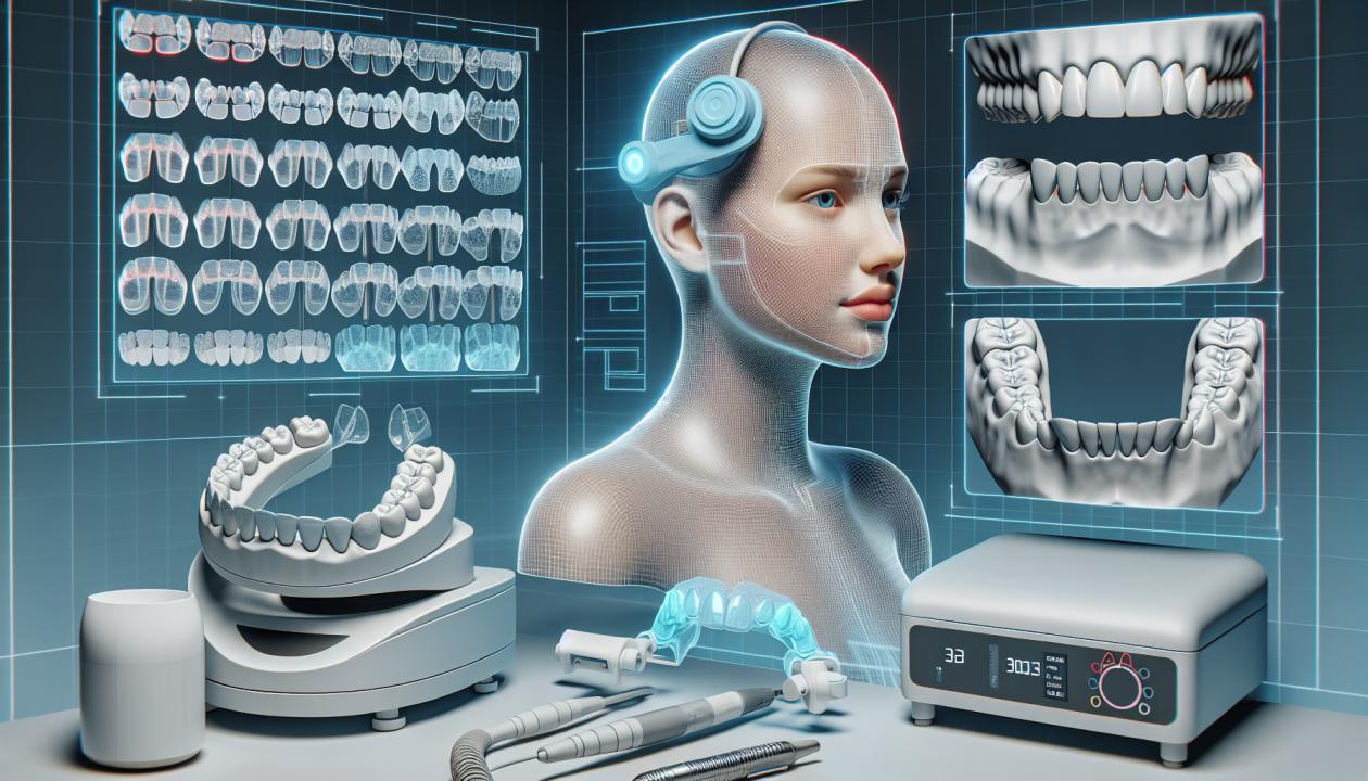 Изображение стоматологического кабинета с современным оборудованием для 3D-сканирования и моделирования зубных рядов, а также элайнеров в процессе изготовления на 3D-принтере.
