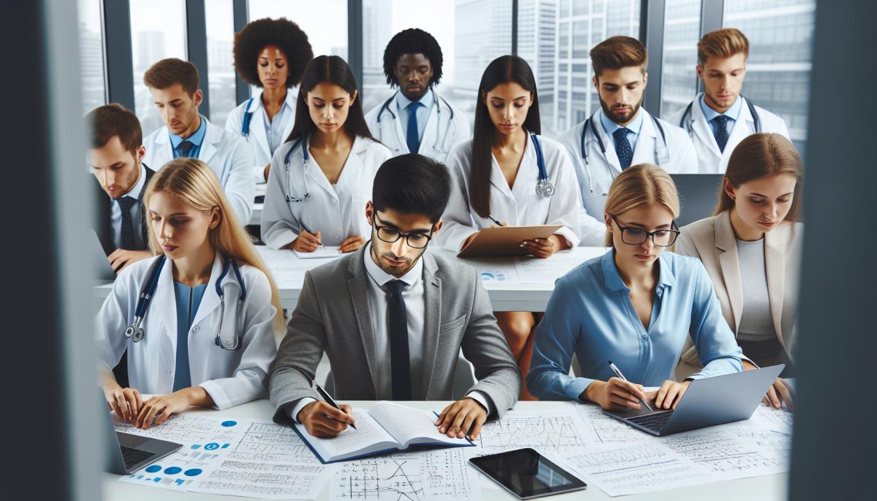 Изображение студентов, работающих с математическими формулами и графиками, окружающих профессионалов из разных областей: инженера, врача, экономиста и программиста.