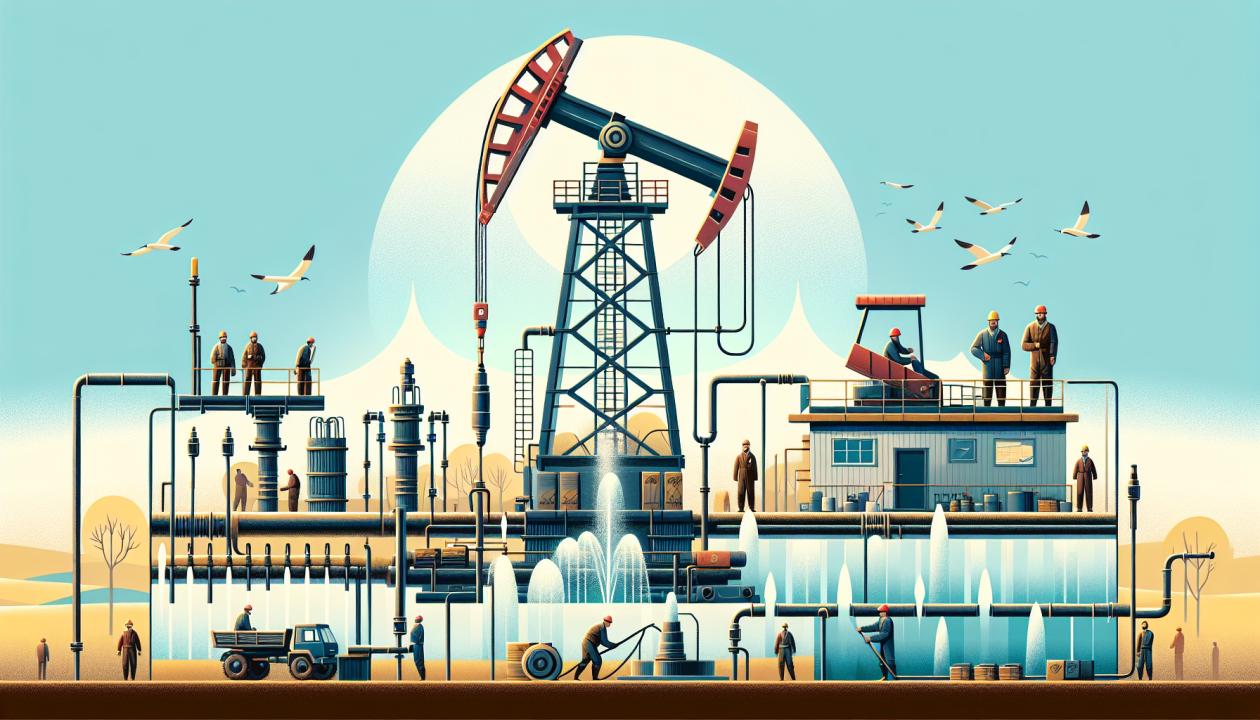 Изображение современного наземного комплекса оборудования для бурения нефтяных скважин, включающее буровую установку, системы подачи бурового раствора, и операторов на фоне бурящегося участка с типичными элементами бурового процесса.