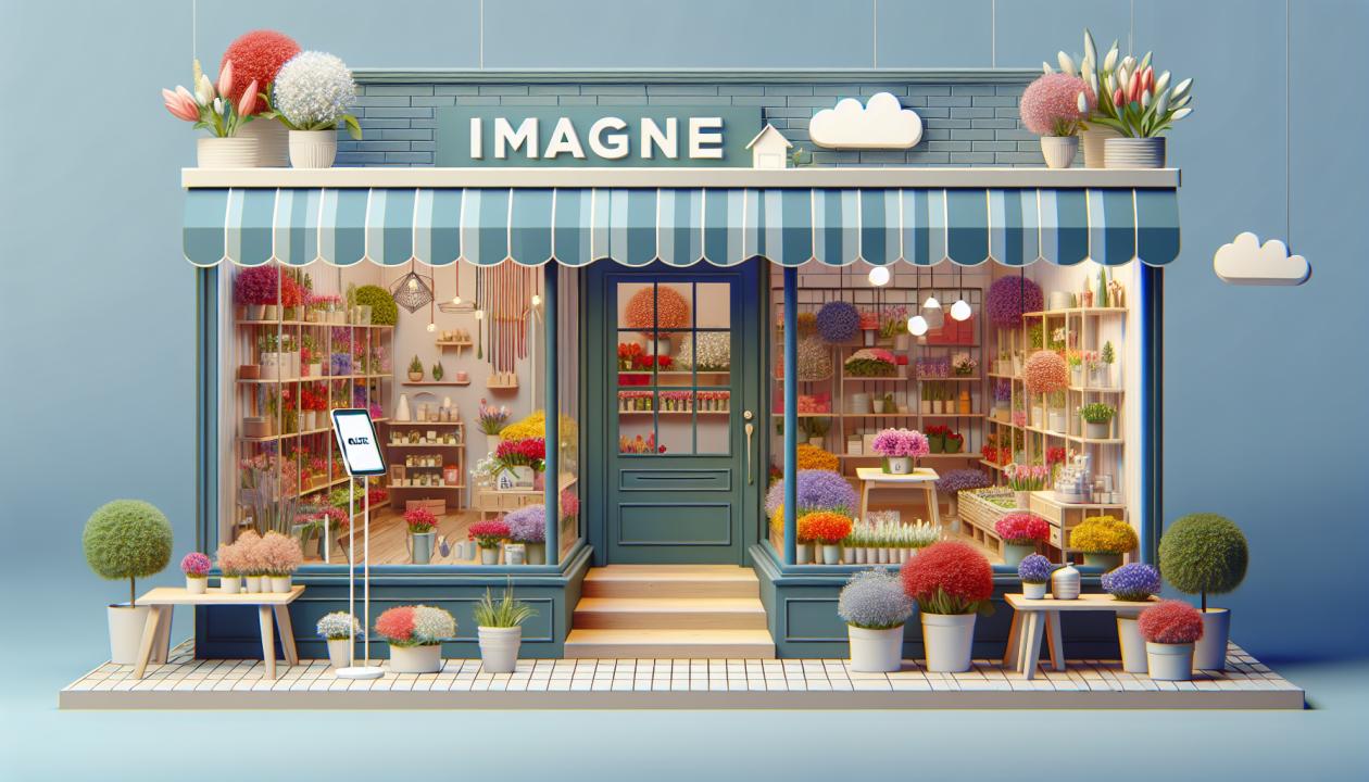 Изображение уютного цветочного магазина с яркими цветами, оформленным в современном стиле с яркими витринами и онлайн-заказами на экране.