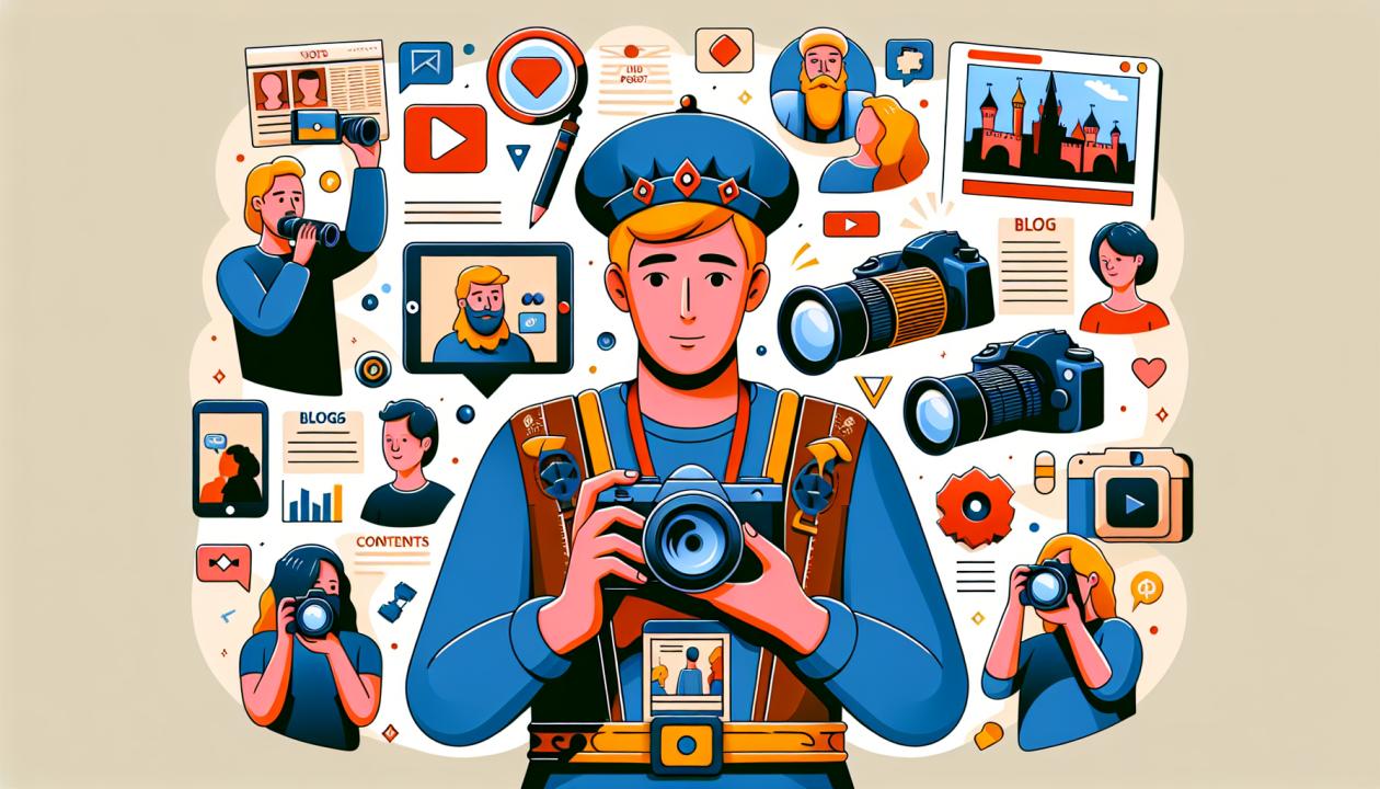 Иллюстрация блоггера с фотоаппаратом или планшетом в руках, с интересным контентом вокруг (рисунок блог-постов, видео, фотографий).