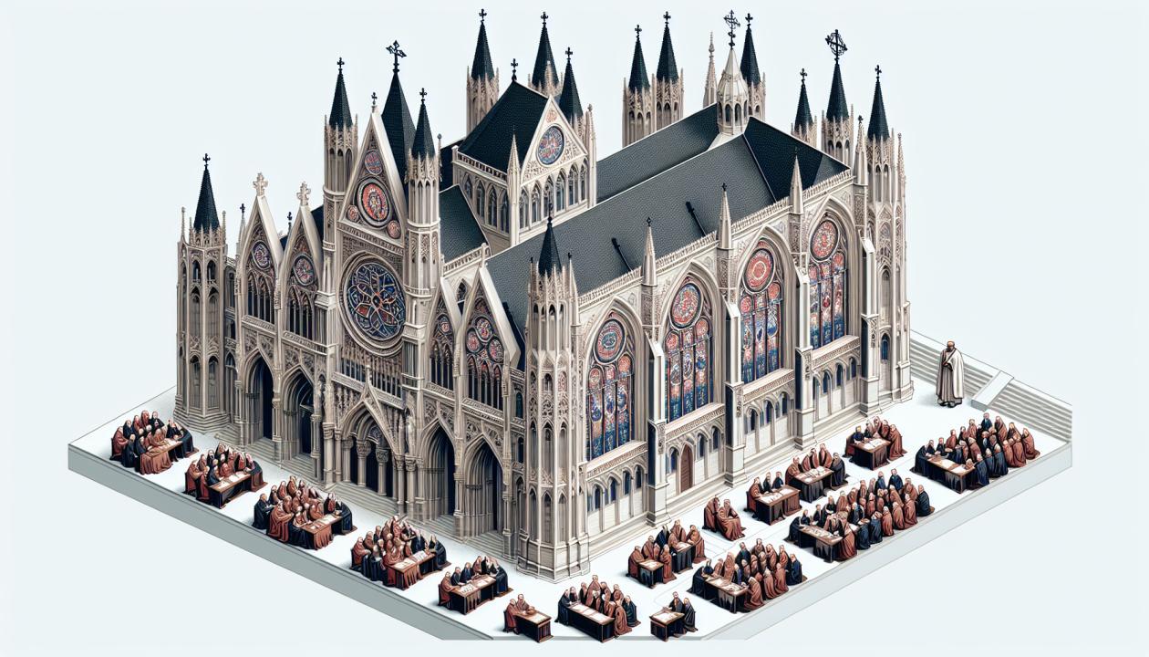Изometric view of a grand Gothic cathedral with pointed arches, intricate stone carvings, and large stained glass windows, surrounded by scholars engaged in discussions and writings, symbolizing the connection between Gothic architecture and Scholastic philosophy in the medieval context.