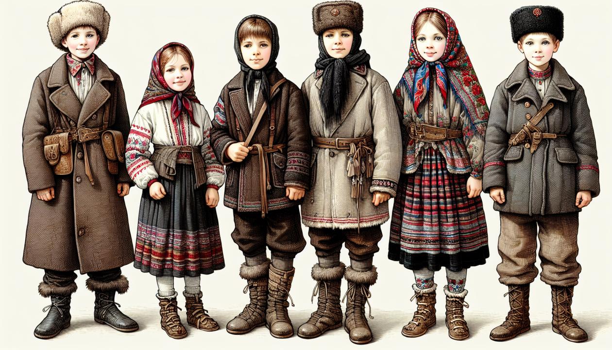 Изображение детей в одежде 1940-х годов, включая зимнюю верхнюю одежду, обувь, которые были изготовлены вручную из имеющихся материалов.
