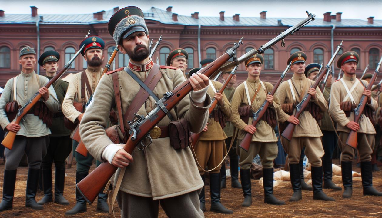 Изображение винтовки Мосина на фоне исторического контекста, например, солдаты в форме Русской императорской армии 1890-х годов, с винтовками наготове.
