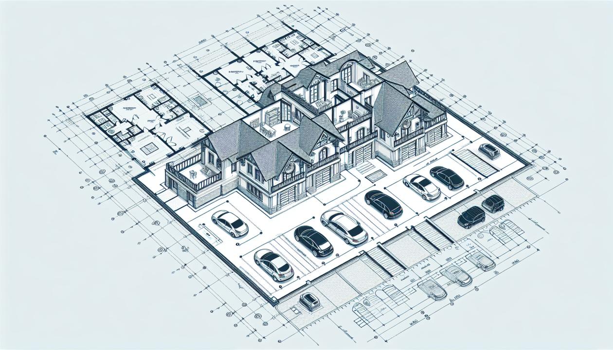 Чертеж архитектурного проекта гаража на 4 автомобиля, показывающий поэтажные планы, фасады и структуру здания.