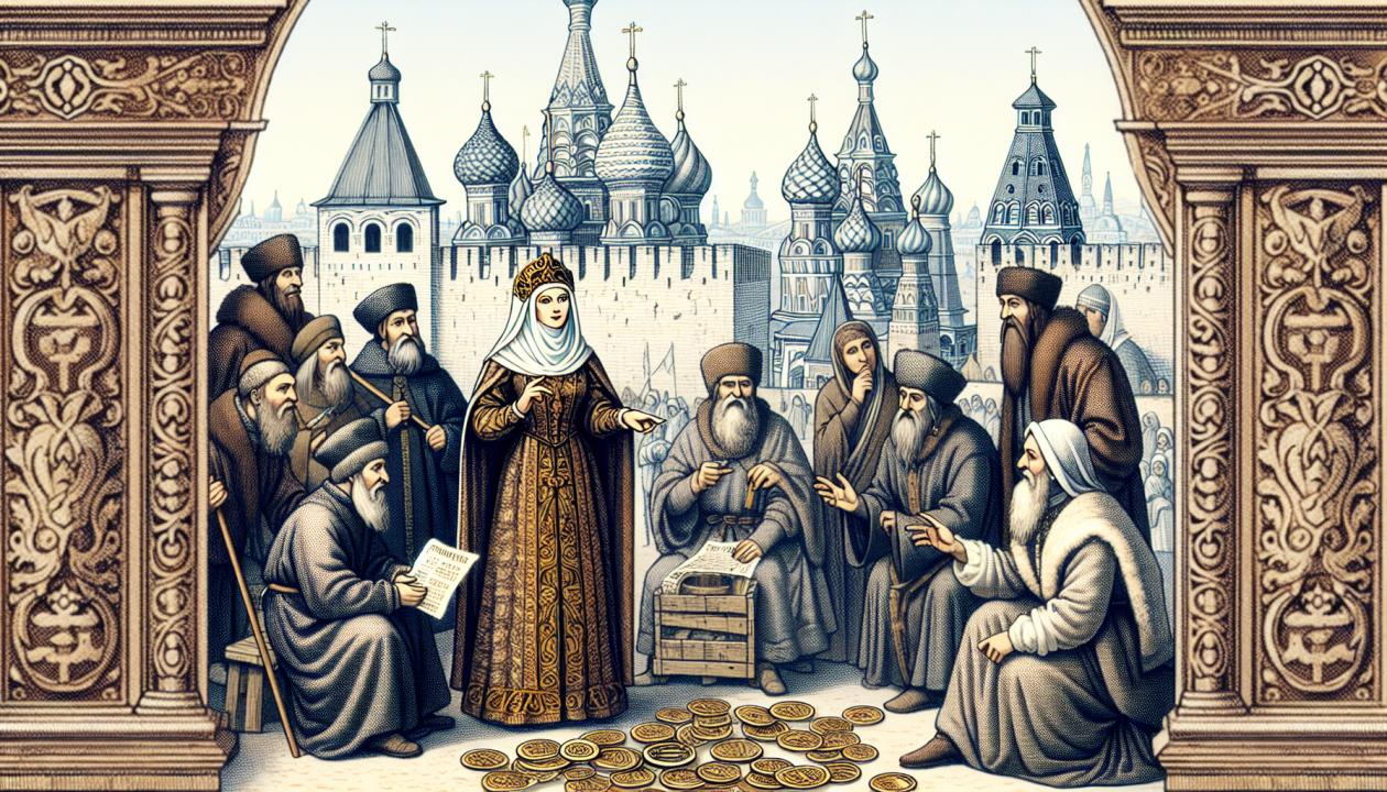 Изображение, иллюстрирующее денежную реформу Елены Глинской: сцена, где Елена Глинская обсуждает с советниками введение новых серебряных монет в историческом контексте, на фоне древнерусских архитектурных элементов, таких как кремль и купола церквей.