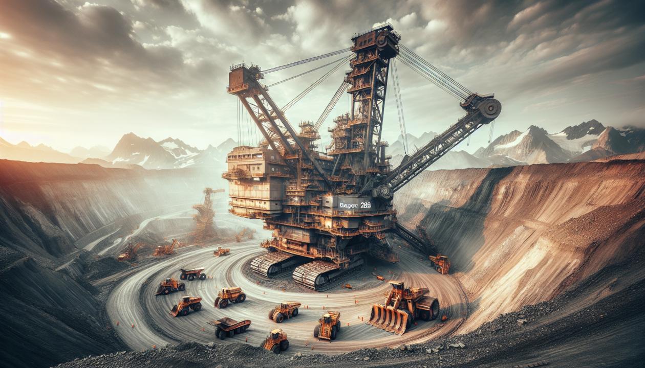 Изображение роторного экскаватора Bagger 288, работающего в открытом карьере, с видом на его большие конструкции и работающих операторов, на фоне горных пород и техники. Подчеркнуть величину экскаватора по сравнению с людьми и окружающей средой.