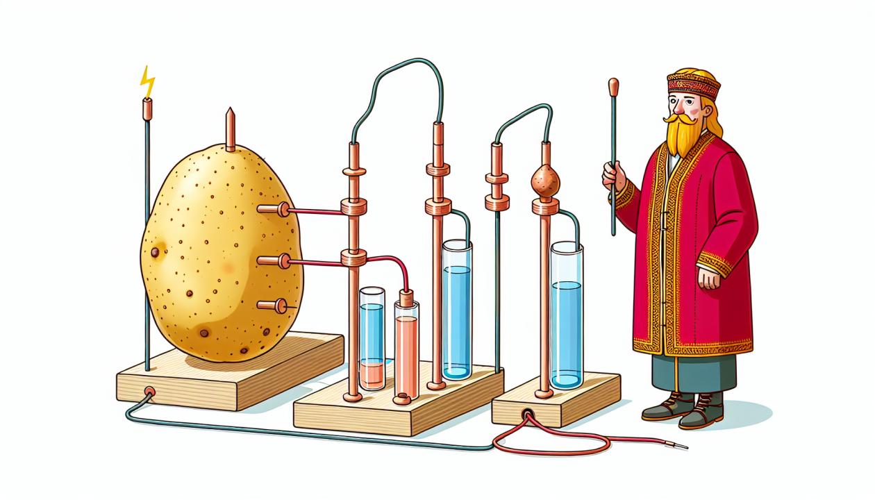 Иллюстрация экспериментального устройства, где картофель соединен с медными и алюминиевыми электродами, показывающая процесс генерации электрического тока.