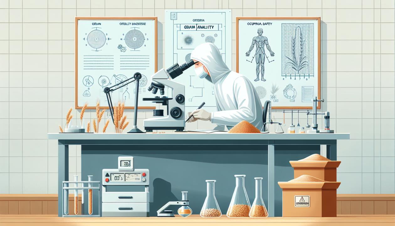 Иллюстрация, изображающая лабораторию по определению качества зерна. В центре кадра находится рабочее место с оборудованием для анализа зерна: микроскоп, весы и образцы зерна. На стене видны схемы и правила охраны труда. Работник лаборатории в защитной одежде проводит анализ. Фон оформлен в светлых тонах, создавая атмосферу чистоты и порядока.