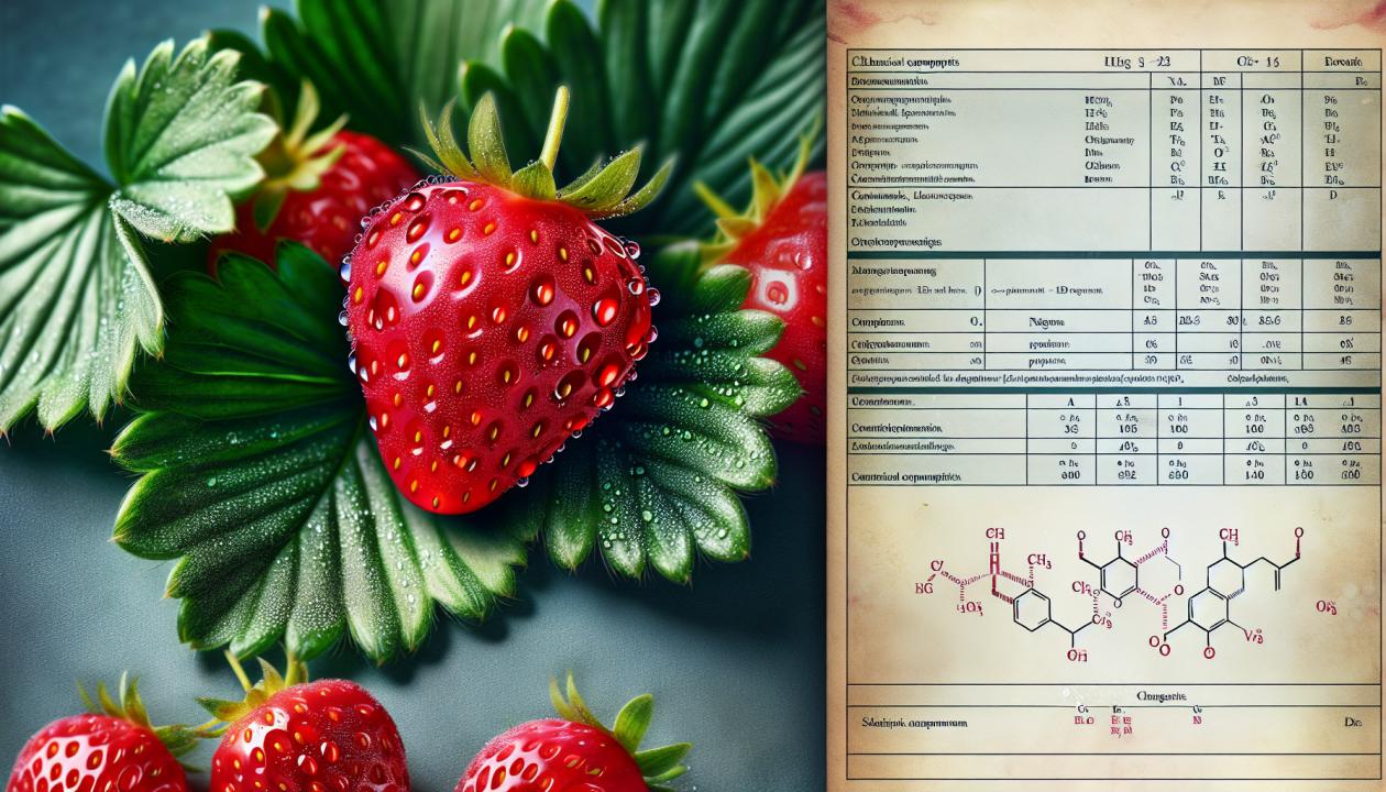 Изображение свежих ягод клубники на фоне зеленых листьев, рядом с ними лежит информация о химическом составе: содержание углеводов, белков и других питательных веществ. Ягоды ярко-красного цвета, с блестящей поверхностью, и каплями росы, придающими им свежий вид.