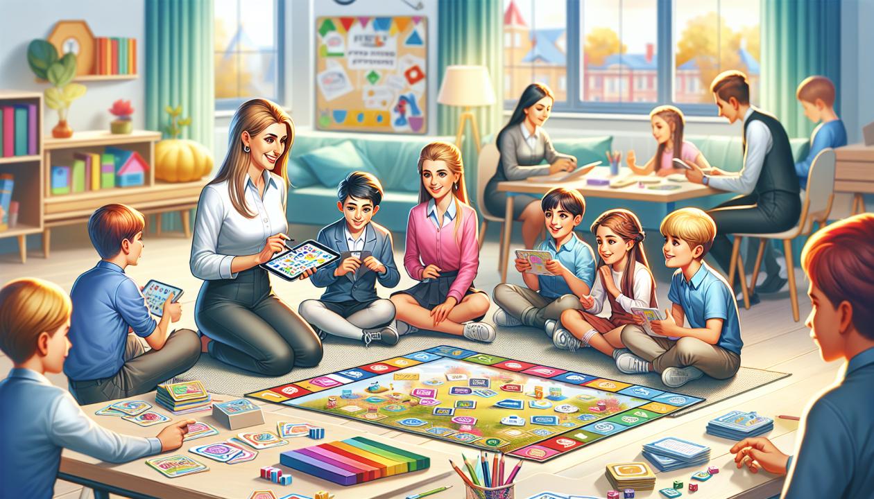 Изображение, иллюстрирующее игровые методы обучения, на котором изображены дети, играющие в обучающие игры, обучающийся педагог с планшетом, разноцветные карточки с заданиями и игровые элементы.