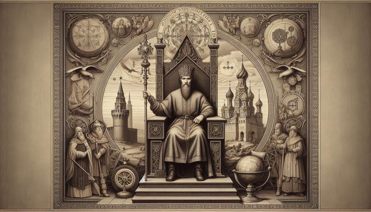 Портрет Ивана Калиты в средневековых одеждах, сидящего на троне, окруженного символами власти, такими как скипетр и держава. Фон — древнерусская архитектура, элементы природы, символизирующие объединение земель.