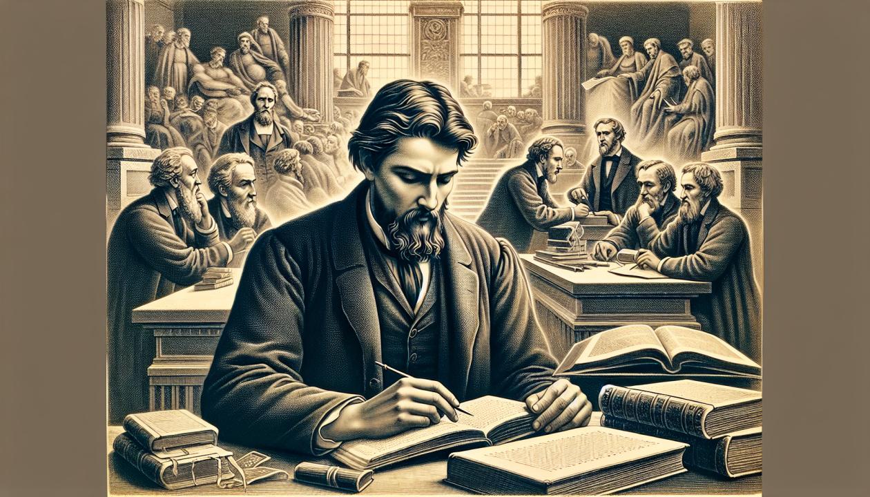 Изображение философа, сидящего за столом с книгами, обдумывающим концепцию общественного договора. На заднем плане можно изобразить людей, обсуждающих и подписывающих договор. Вся сцена должна быть выполнена в задумчивом и серьезном стиле, отражая интеллектуальный подход к анализу происхождения государства.