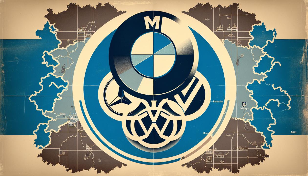 Изображение логотипов автомобильных компаний: BMW (синий и белый круг с пропеллером), Mercedes-Benz (т трехлучевая звезда внутри круга), Audi (четыре переплетенных кольца), Volkswagen (монограмма V и W). Фон - контур карты Баварии.