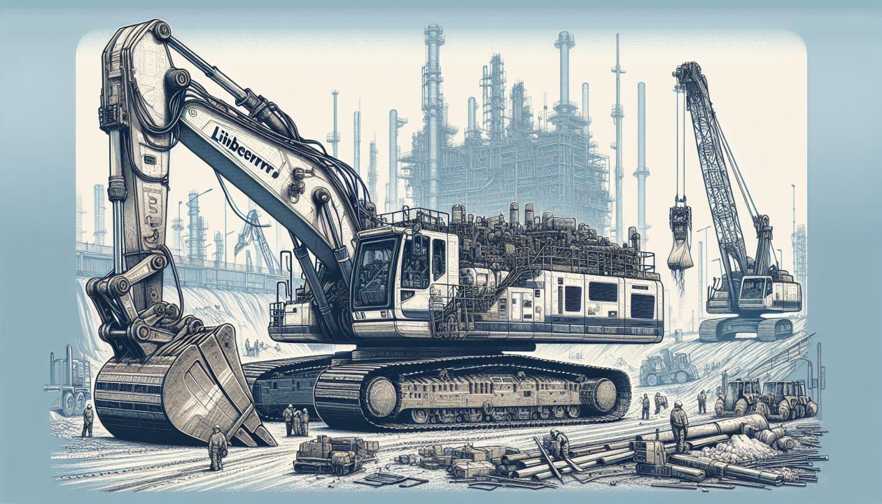 Иллюстрация экскаватора Liebherr R 9250 G6 на фоне строительной площадки, с фокусом на его двигателях и рабочем оборудовании.