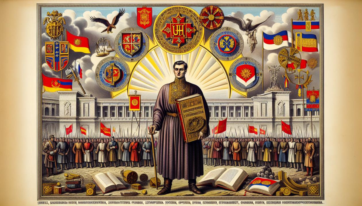 Иллюстрация, изображающая Ивана III на фоне объединенной Руси, с символическими элементами (княжества, судебник), отражающая мощь и единство государства.