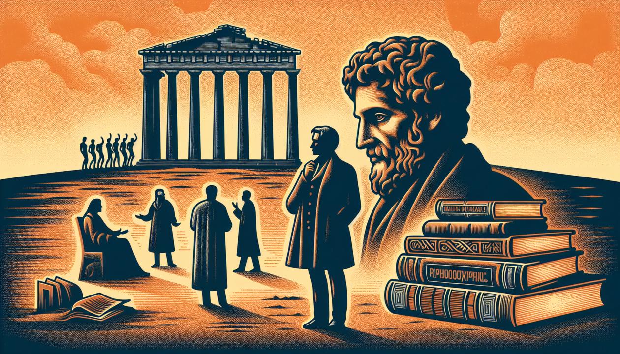 Изображение философа Людвига Фейербаха, стоящего перед развалинами религиозного храма, представляющее критику религиозной структуры. На переднем плане книги, связанные с философией и религией, на заднем плане силуэты людей, обсуждающих идеи. Цвета - теплые, с акцентом на логику и мысль.