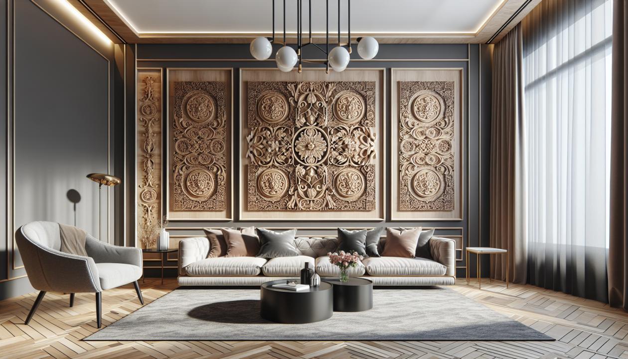 Рисунок: изображение стильного интерьера с применением наших самоклеющихся 3D панелей.