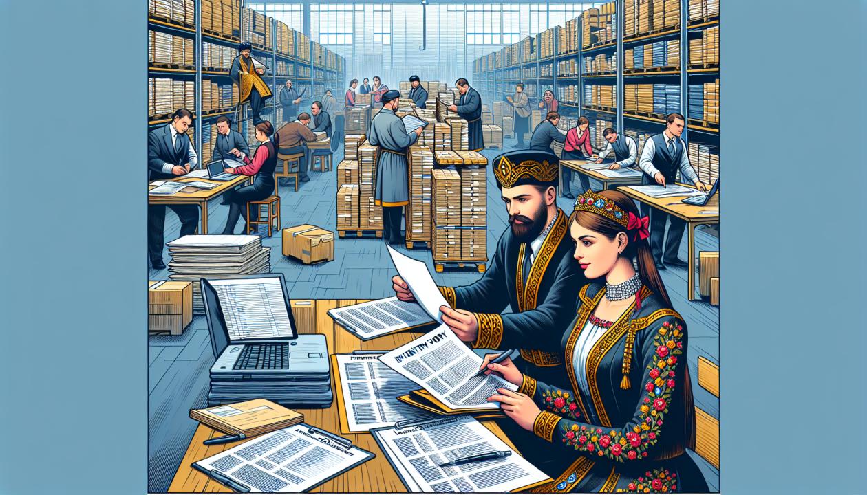 Иллюстрация процесса инвентаризации, изображающая работников, заполняющих инвентаризационные ведомости, с обилием документации, склада с различным имуществом на заднем плане.