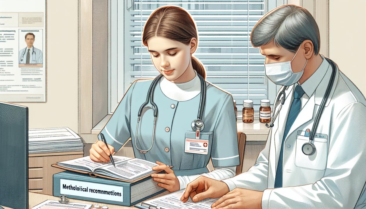 Иллюстрация медицинской сестры, заполняющей дневник учета на фоне кабинета врача, с текстом методических рекомендаций на столе.