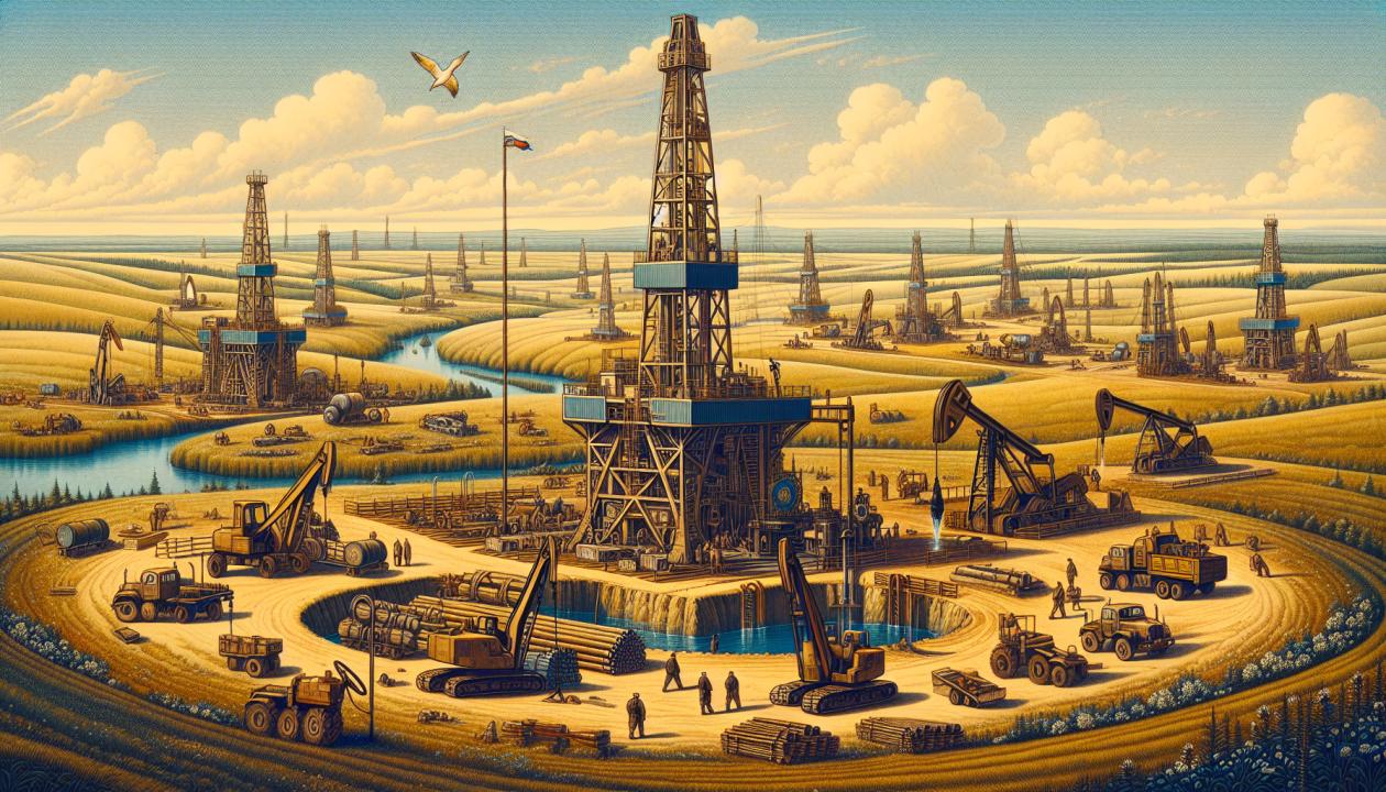 Изображение процесса бурения нефтяной скважины на Туймазинском месторождении, с пейзажем окружающей местности и техникой, работающей на площадке.