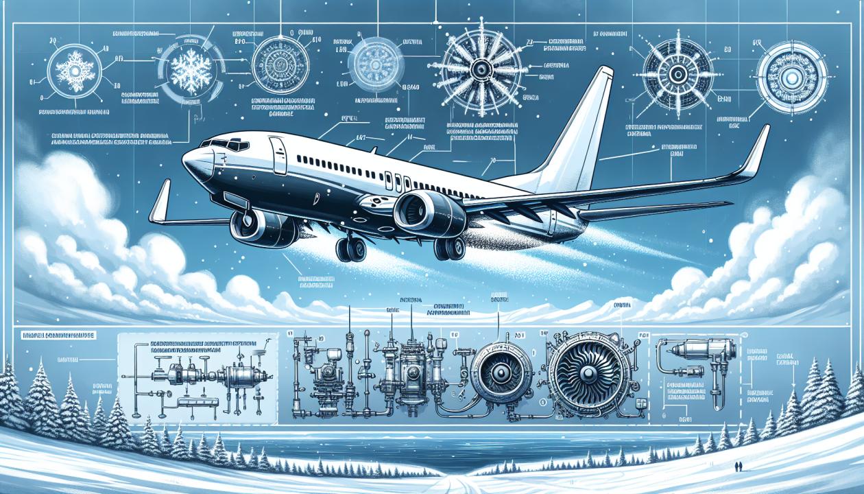 Иллюстрация самолет Boeing 737 в полете над снежной местностью, с акцентом на противообледенительные системы, с выделением двигателей и технологических элементов системы, например, струи антиобледенительной жидкости, контуры лопаток компрессора и детали модуля. В фоне - зимний пейзаж с облаками.