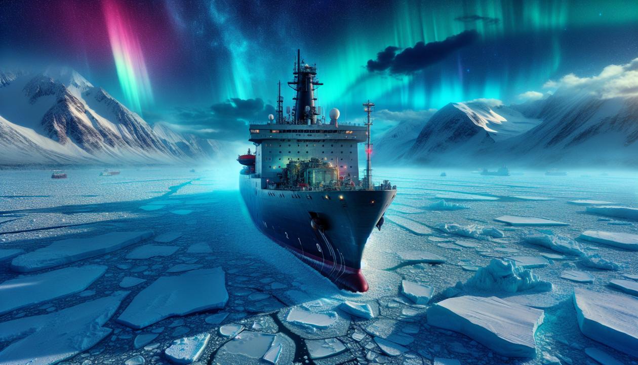 Изображение атомного ледокола, пробивающего лед в Арктике. На переднем плане судно с ядерной силовой установкой, на фоне — ледяные поля и полярное сияние. Атмосферное освещение, холодные цвета, подчеркивающие экстремальные условия навигации.