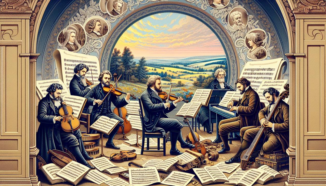 Иллюстрация, изображающая композиторов XIX века за работой, в окружении нот и музыкальных инструментов, с элементами чешской культуры, фонами пейзажей Чехии.