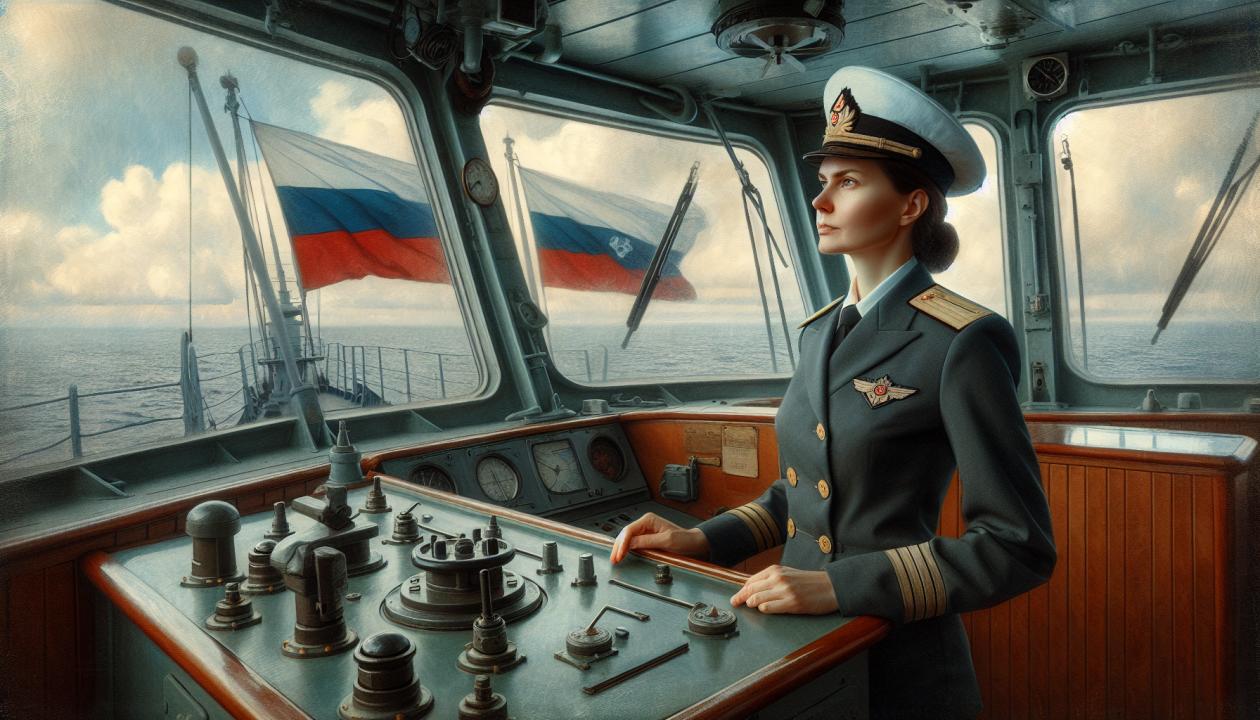 Изображение, на котором судоводитель в униформе стоит на мостике корабля, смотрит в море, перед ним навигационные приборы, а за ним развиваются флаги. Атмосфера на картине должна быть профессиональной и умиротворяющей, подчеркивающей важность профессии.