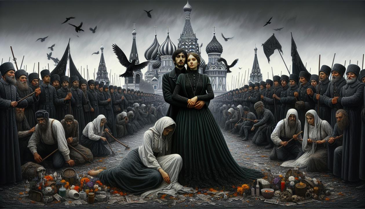 Изображение Мастера и Маргариты на фоне мрачного праздника, символизирующего их борьбу и любовь, с элементами русского искусства.