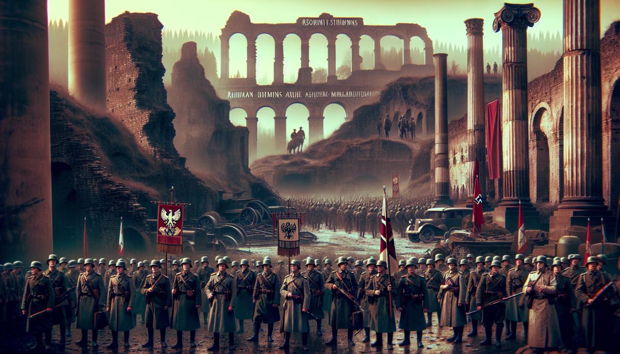 Изображение, отражающее историческую атмосферу 1930-х годов в Германии, на фоне флага нацистской партии, военные действия и подготовку к конфликту. Признаки роста militarization в Рейнской области, включая немецких солдат на фоне древнеримских руин, с акцентом на напряженность и предстоящую угрозу войны.