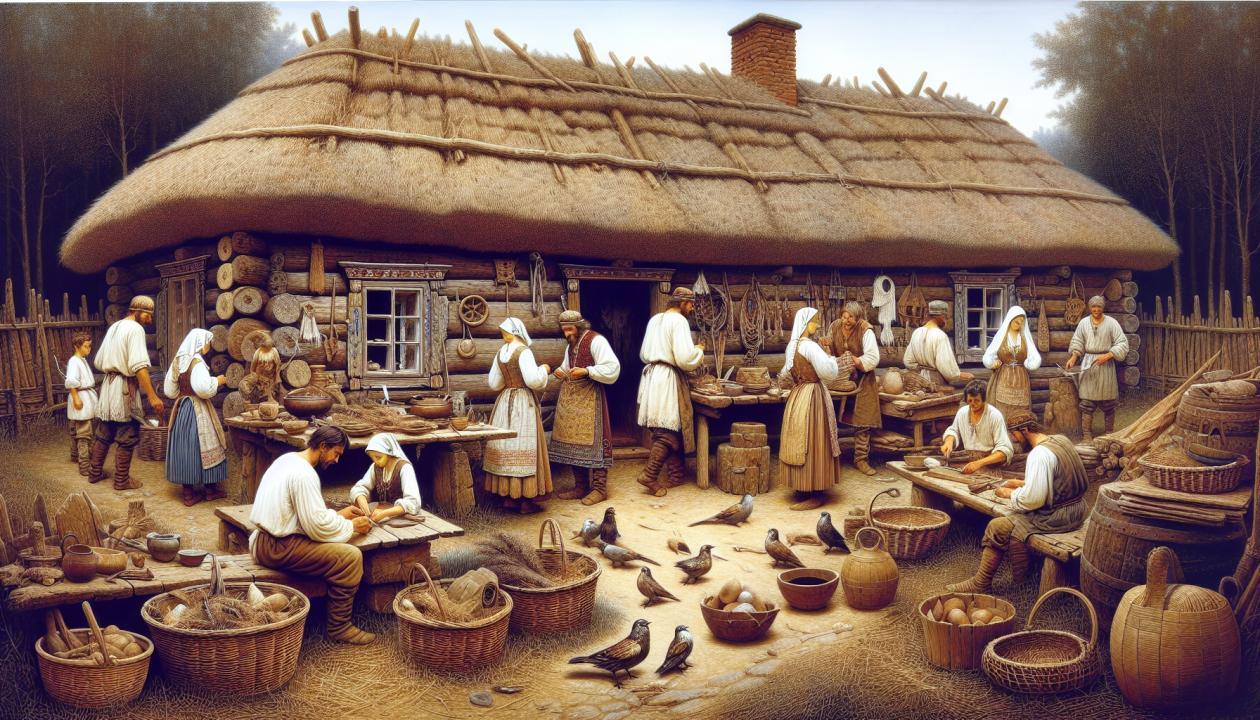Картина, отображающая жизнь на Древней Руси, с элементами быта и культуры.