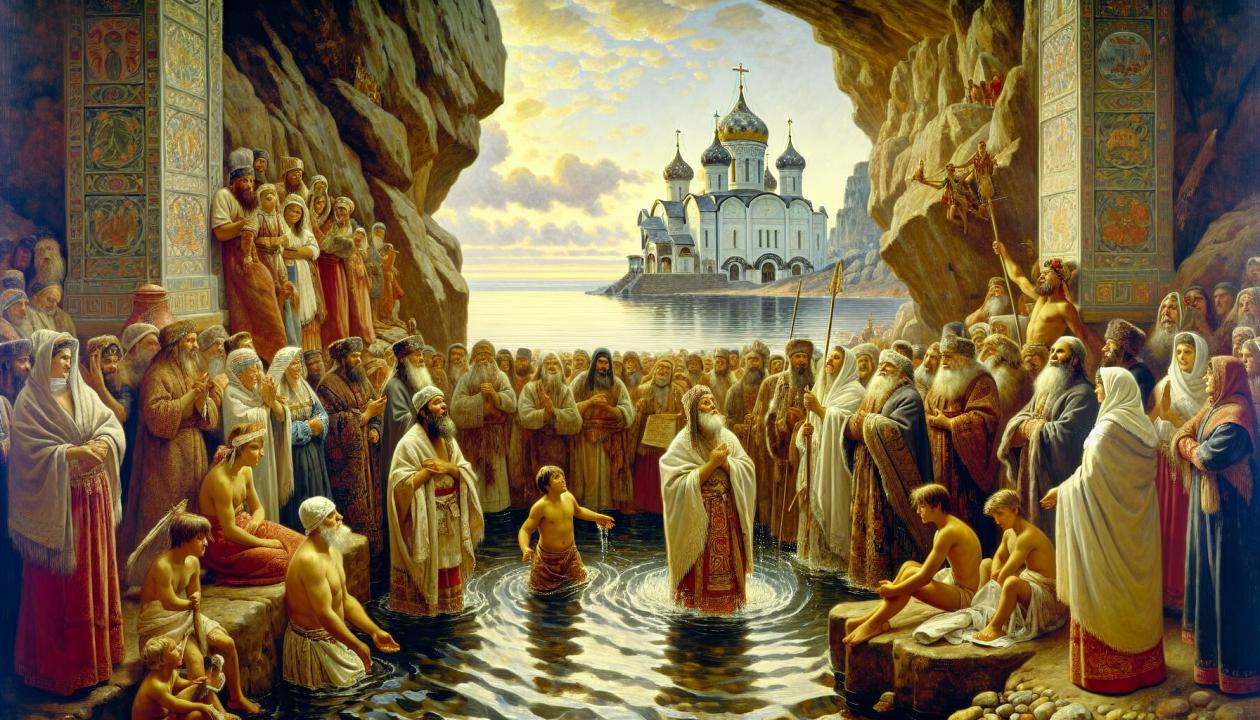 Живописная картина, отражающая ключевой момент истории Древней Руси, например, картина 'Крещение Руси' Виктора Васнецова.