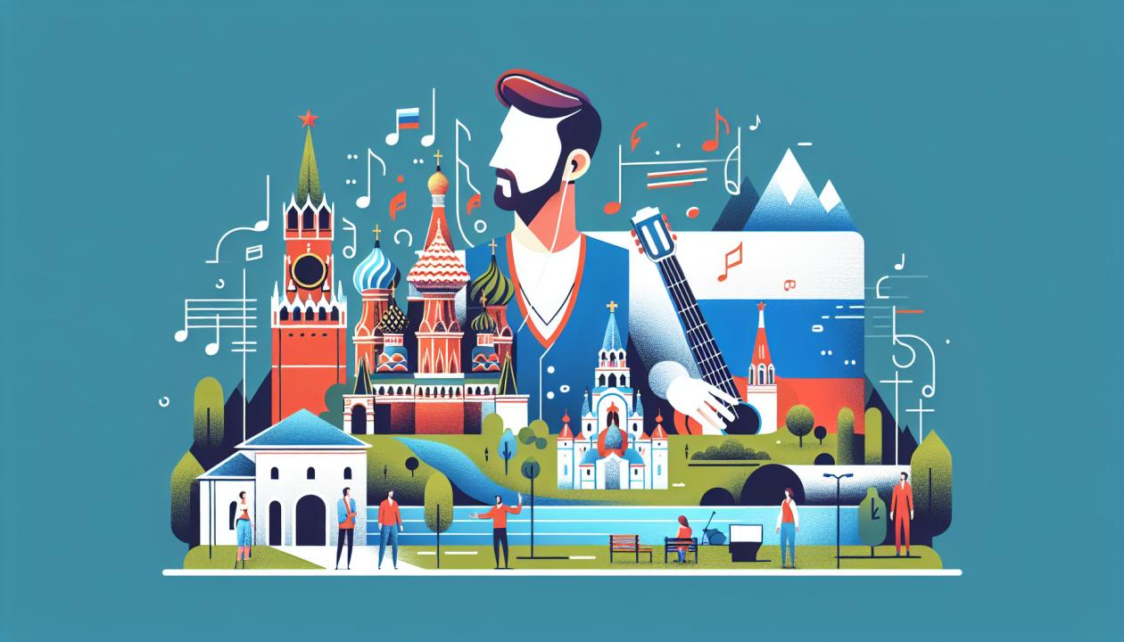 Иллюстрация с изображением современного музыкального исполнителя на фоне символов России (флаг, достопримечательности)