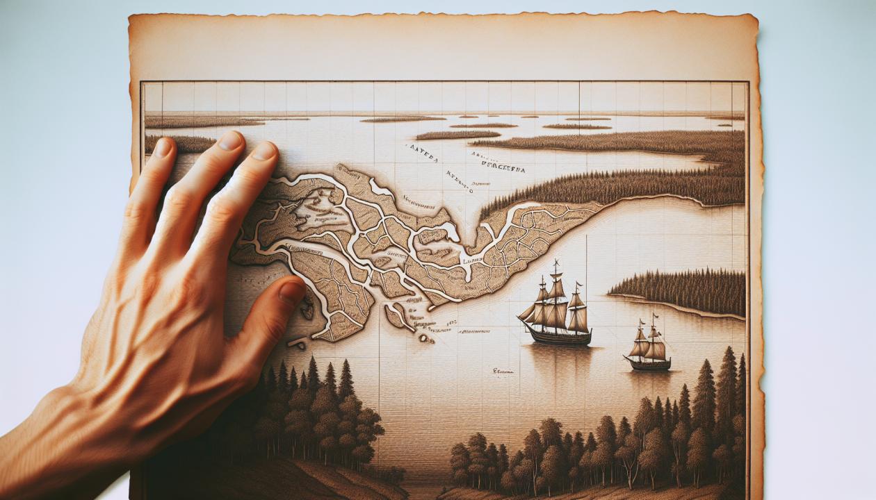 Рука, держащая карту по водных маршрутам, на батарейном фоне моря и леса Ленинградской области.