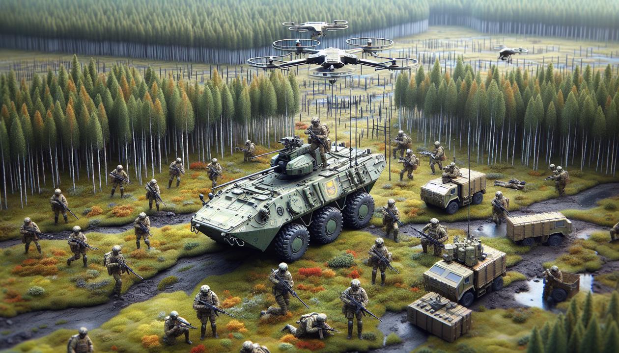Изображение усиленного мотострелкового взвода на БМП, действующего в лесисто-болотистой местности, с элементами взаимодействия между подразделениями и применением дронов для разведки.