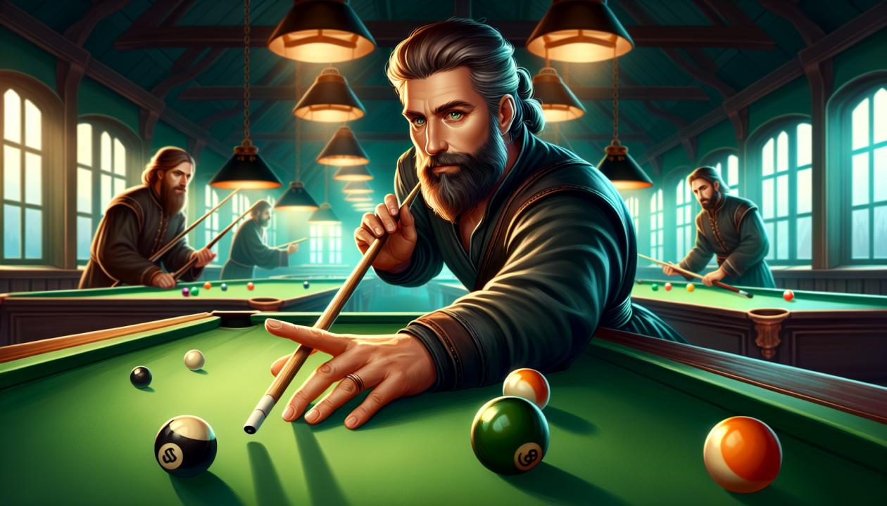 Иллюстрация представляет собой виртуальный урок бильярда, в рамках которого наставник демонстрирует приемы и основы игры.