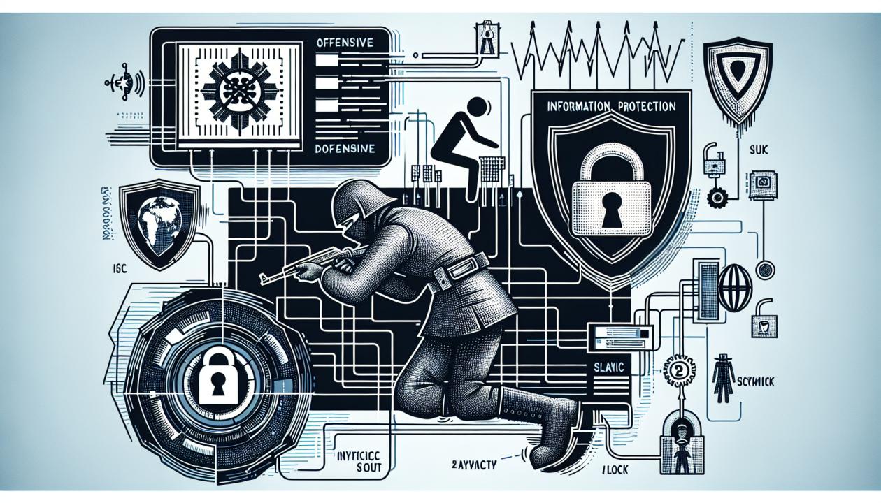 Иллюстрация, изображающая схему кибератаки на сеть, с элементами атакующих и защищающих систем, графики, символизирующей защиту информации, такой как замок и щит.