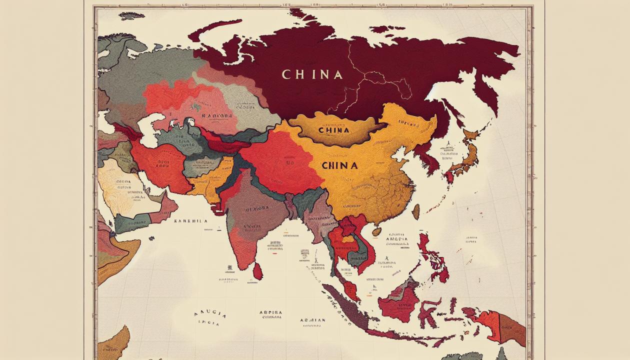 Карта Азии с выделенными территориальными претензиями Китая