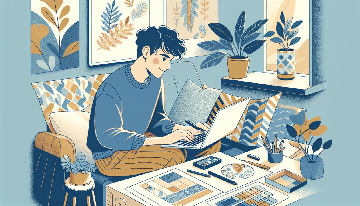 Иллюстрация дизайнера, работающего за ноутбуком в уютной обстановке
