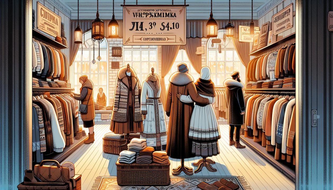 Иллюстрация уютного магазина одежды с разнообразным ассортиментом, стильными манекенами, плакатами с акциями и посетителями, рассматривающими товары.